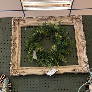 Decorative Green Boxwood Wreath in Ornate Cream Frame